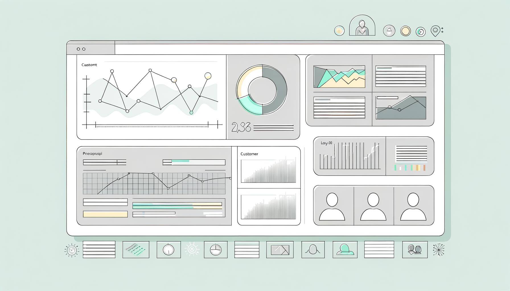 Illustration eines digitalen Dashboards mit verschiedenen Datenpunkten und Kundenprofilen