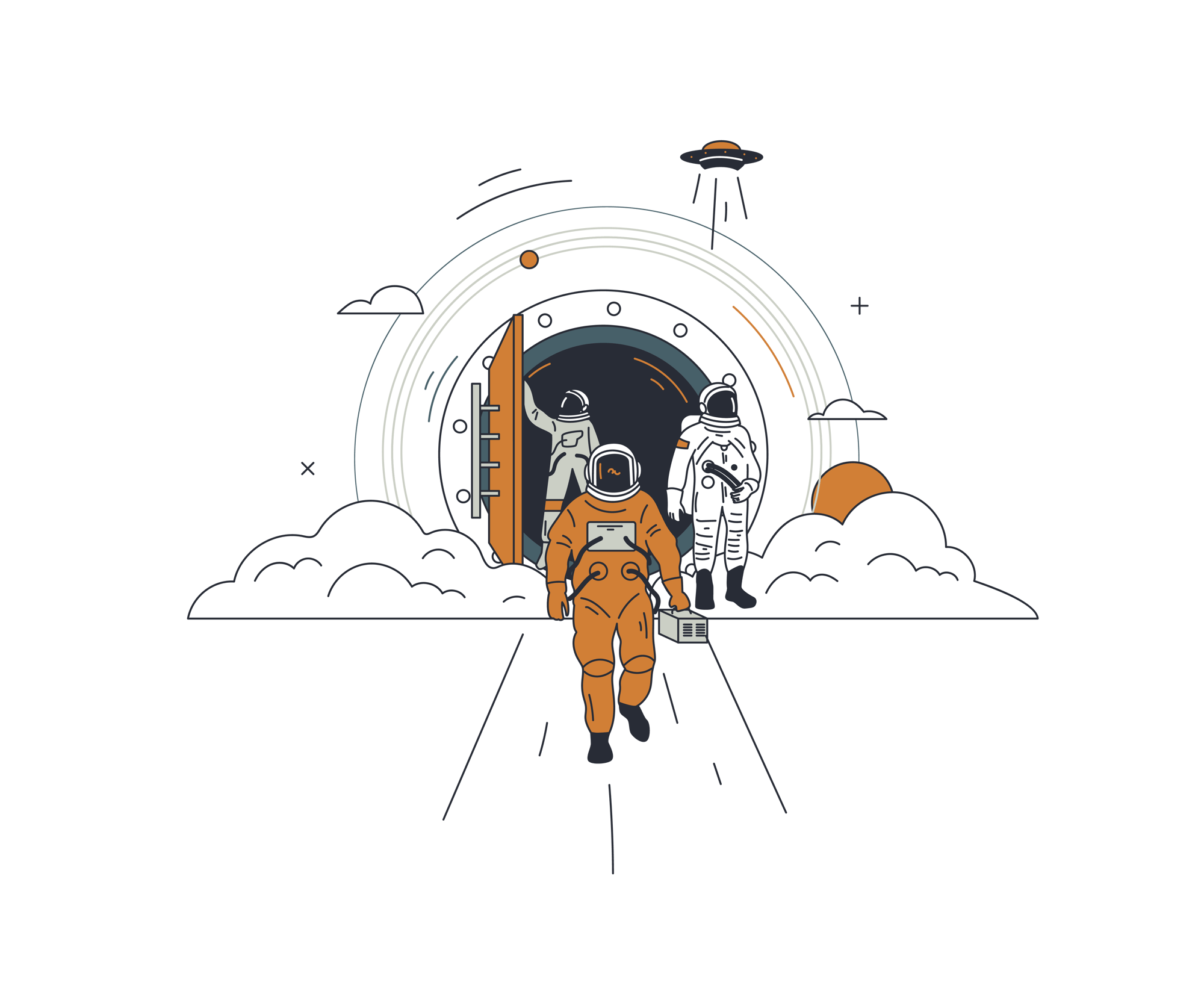 Eine Illustration von Astronauten die eine große Tür im Himmel öffnen und durschschreiten. Im Hintergrund steigt ein Ufo auf