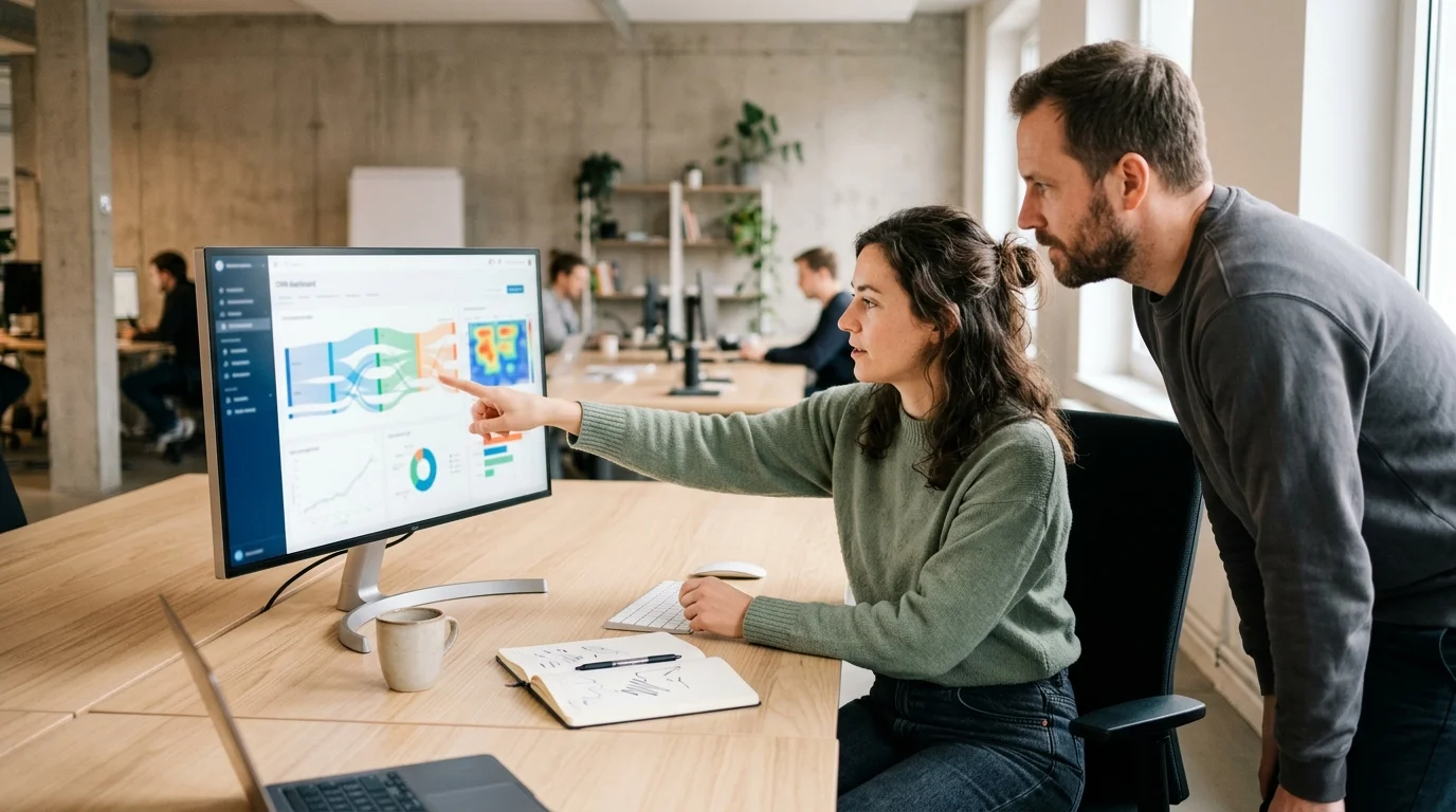 Zwei Personen analysieren ein CRM-Dashboard mit farbcodierten Flows