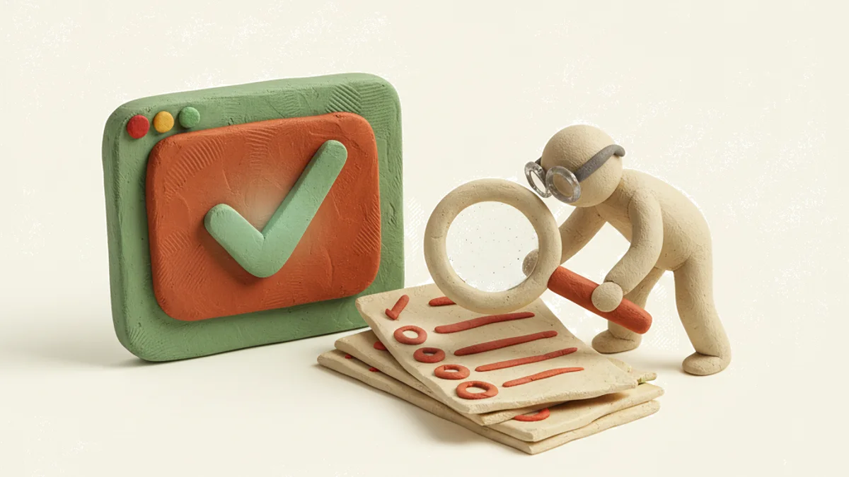 Clay-Szene mit einem CRM-Dashboard und grünem Häkchen, daneben ein Formular mit fehlenden Feldern und einer Figur mit Lupe