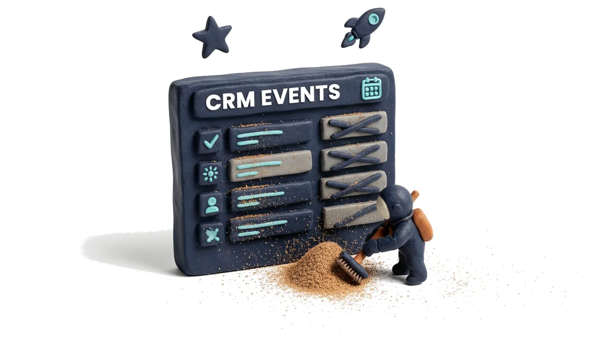 Clay-Modell eines CRM-Dashboards mit einer langen Event-Liste, einige Zeilen ausgegraut und von Spinnweben bedeckt