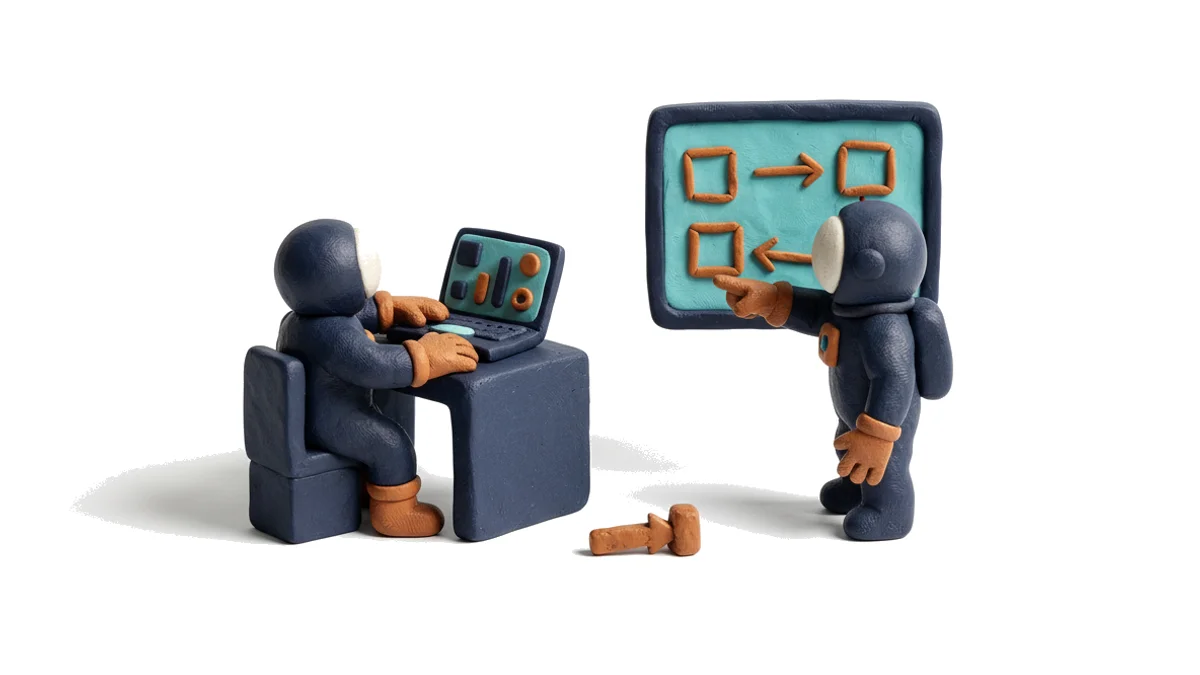 Zwei Clay-Figuren: eine am Laptop mit Dashboard, die andere zeigt auf ein Whiteboard mit Customer-Journey-Skizze