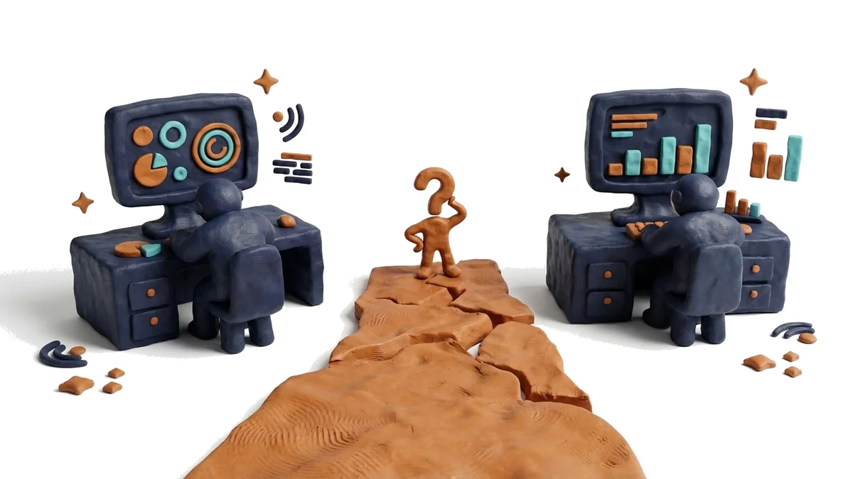 Zwei Clay-Figuren an getrennten Schreibtischen mit Produkt- und CRM-Dashboard, ein kleiner Nutzer steht verwirrt dazwischen