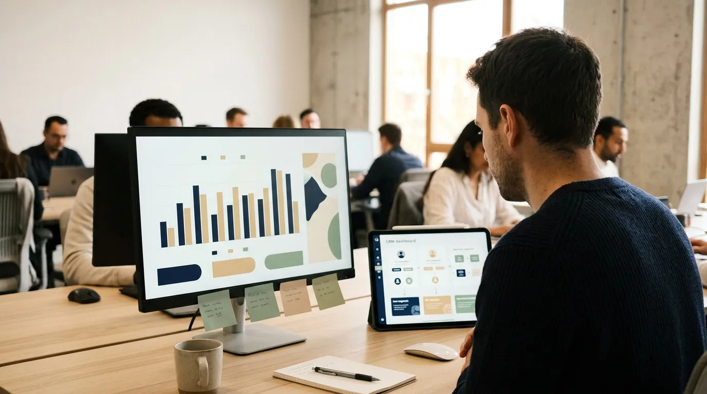 Person analysiert CRM-Dashboard-Daten auf einem Monitor in einem hellen Büro
