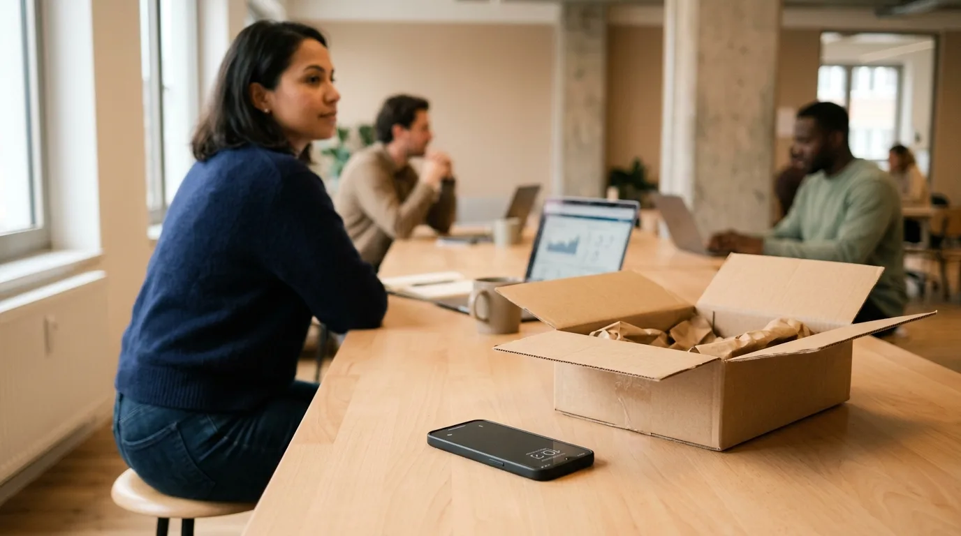 Geöffnetes Paket auf einem Holztisch neben einem Smartphone ohne Benachrichtigungen