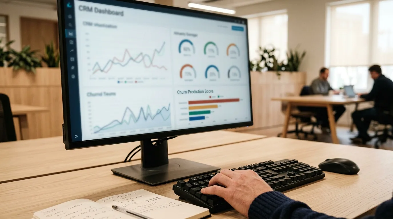 Nahaufnahme eines Monitors mit CRM-Dashboard und Churn Prediction Score