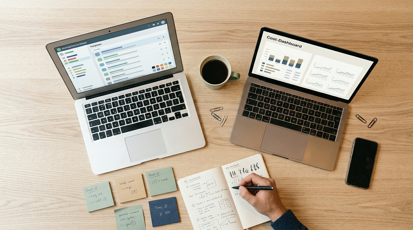 Schreibtisch von oben mit zwei Laptops nebeneinander — links WhatsApp Business Manager, rechts ein Cost-Dashboard. Hand mit Stift und Notizbuch, Post-its mit Kategorie-Tags.