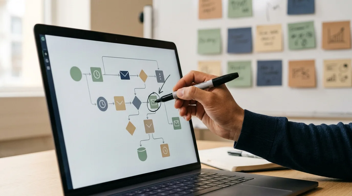 Hand mit Marker annotiert einen Flow-Builder auf einem Laptop-Bildschirm