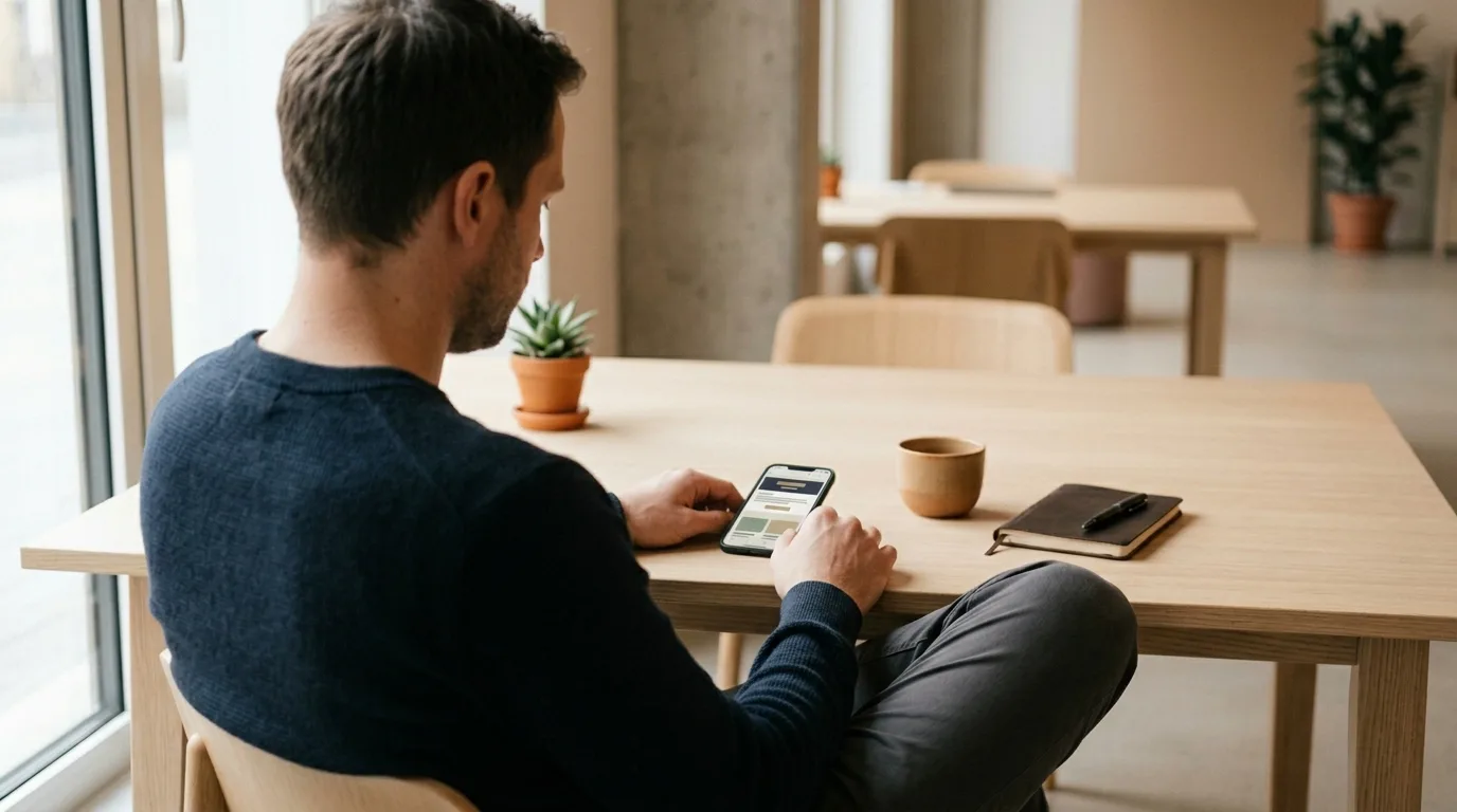 Person am Schreibtisch schaut auf eine Marketing-E-Mail auf dem Smartphone