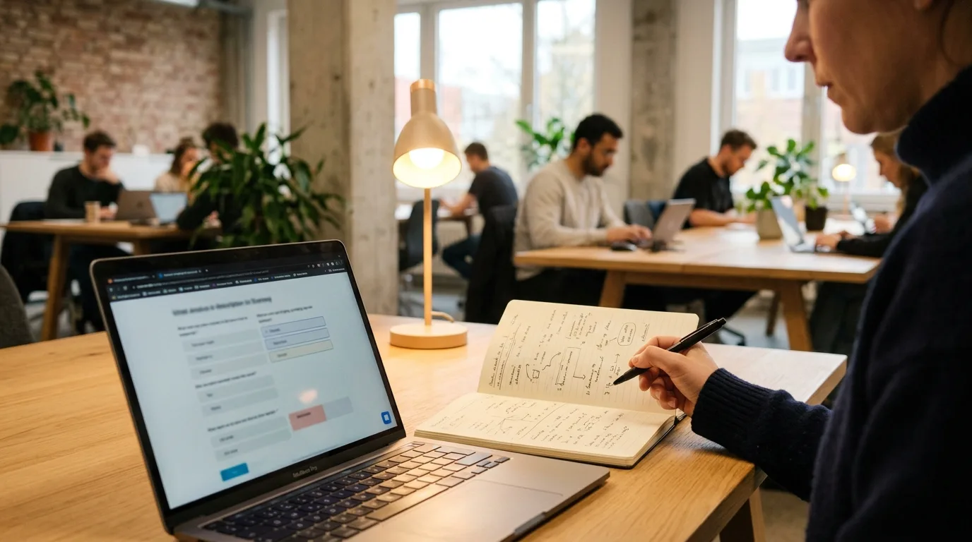 Laptop mit Umfrage-Interface neben einem Notizbuch mit handschriftlichen Notizen