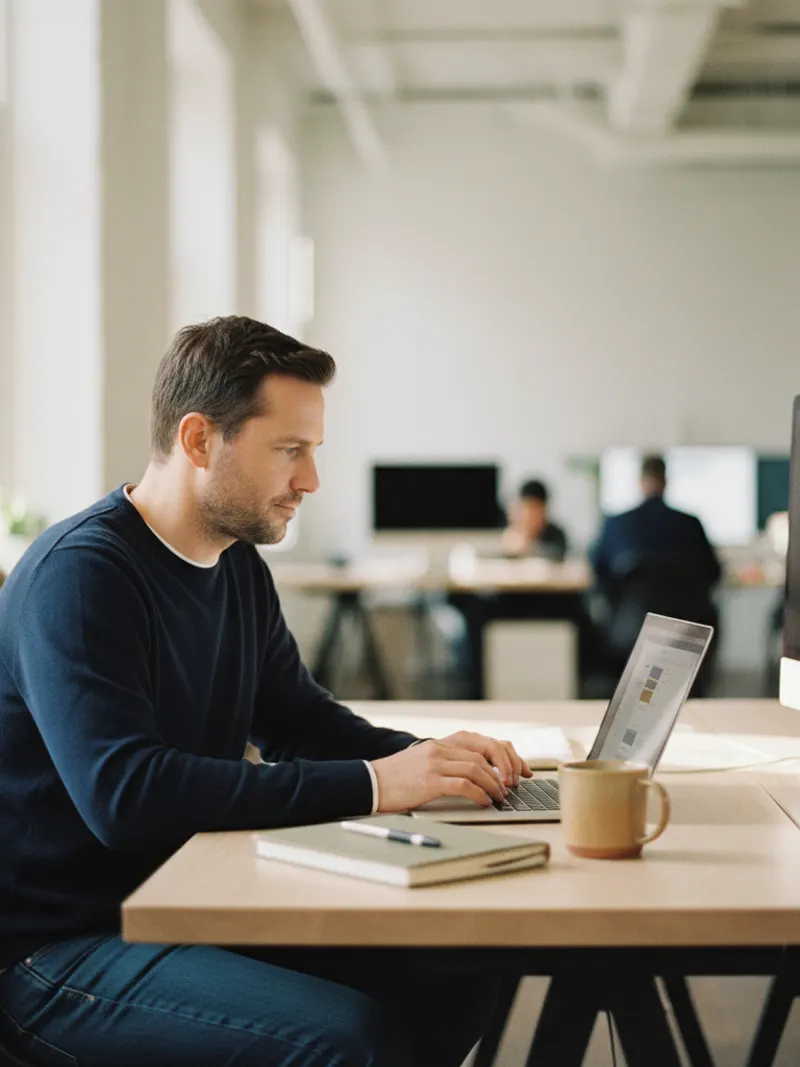 Gründer von projekt pioniere arbeitet konzentriert am Laptop